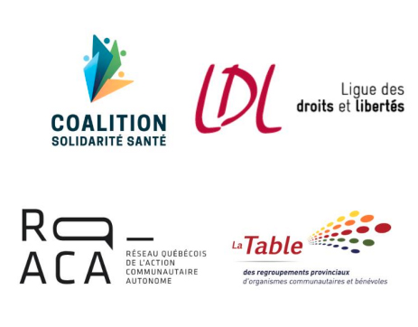 Logos : Coalition solidarité santé, Ligue des droits et libertés, RQ-ACA, Tables des regroupements provinciaux d'organismes communautaires et bénévoles.