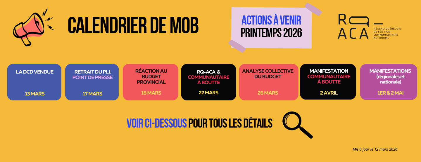 Calendrier de mob. Actions à venir, printemps 2026. Logo du RQ-ACA.