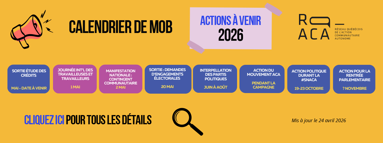Calendrier de mob. Actions à venir 2026. Cliquez sur le lien ci-dessous pour accéder au calendrier détaillé, puis cliquez sur le calendrier détaillé pour accéder au version texte seulement.