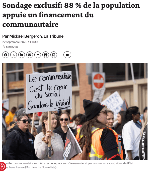 Sondage exclusif: 88 % de la population appuie un financement du communautaire. Par Mickaël Bergeron, La Tribune. 22 septembre 2026 à 18h00