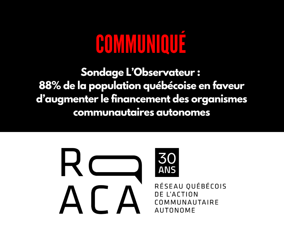 Communiqué. Sondage L'Observateur : 88% de la population québécoise en faveur d'augmenter le financement des organismes communautaires autonomes. Logo du RQ-ACA.